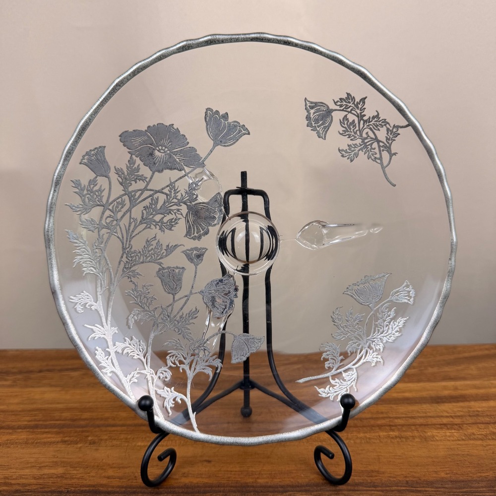 Silver City Flanders Poppy Glass Dish Silver Overlay 3 Footed Plate 7.75 Inch